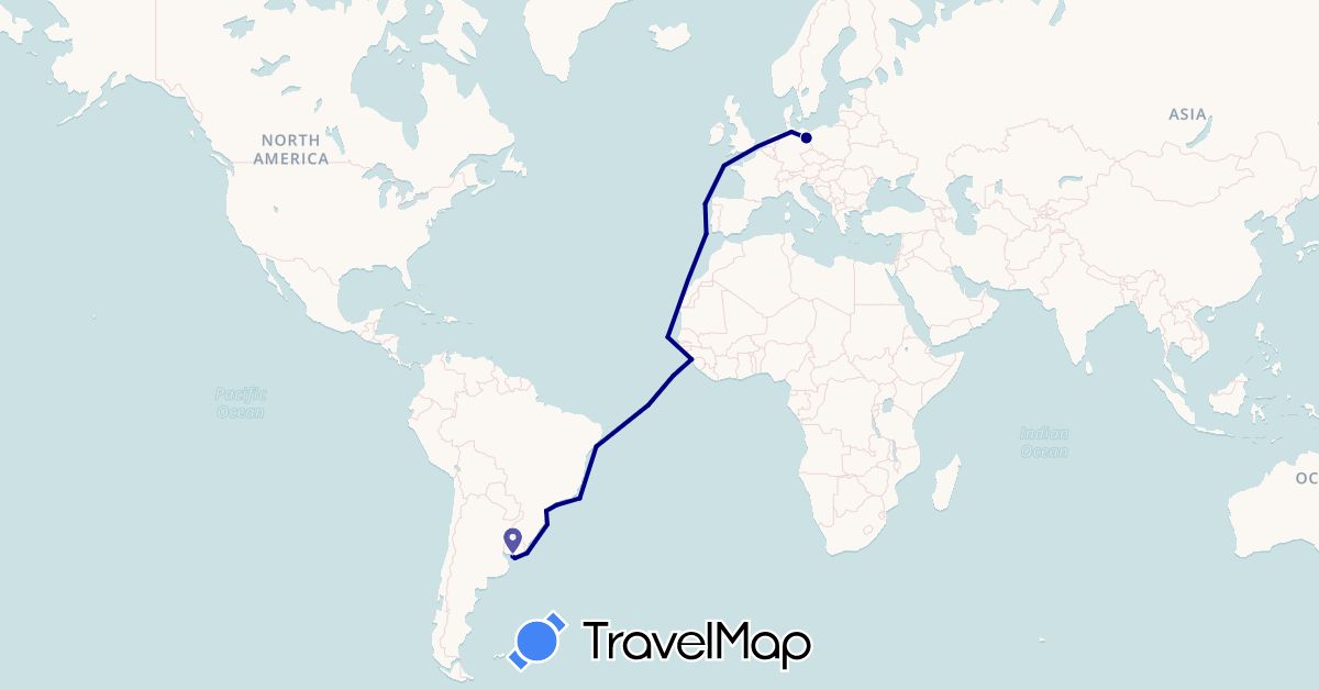 TravelMap itinerary: driving in Brazil, Germany, Guinea, Uruguay (Africa, Europe, South America)
